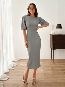 SHEIN Cottnline 休闲风格，轻松随意，灯笼袖闪亮纹理面料长裙 - 灰色 - 查看 4