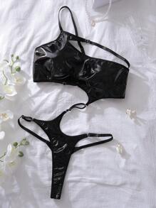 SHEIN 不对称、不对称、光面 PU 材料、线条、镂空、系带、时尚先锋、迷人、细肩带、性感连体衣，适合女性外出内衣外衣 - 黑色 - 查看 4
