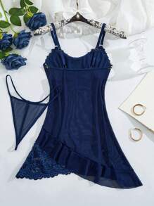 Spicy Aura 2Pcs Women Sexy Mesh Nightgown (Bra-Free, G-String) Set - Navy Blue - View 6