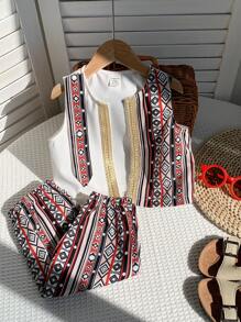 SHEIN 2pcs Baby Boy Traditional Retro Pattern Round Neck Short Sleeve Top And Elastic Waist Ankle Length Pants Set - Multicolor - View 8