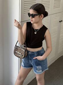 Conjunto de 2 piezas para niñas preadolescentes: Top corto tejido informal y shorts vaqueros sueltos desgastados, conjunto versátil, nueva llegada primavera/verano 2025, perfecto para uso diario - Negro - Ver 1