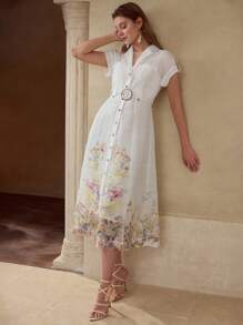 MOTF PREMIUM VESTIDO ESTAMPADO DE FLORES CON CINTURÓN - Blanco - Ver 5
