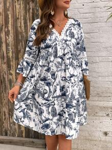 SHEIN VCAY Plus Size Women Vacation Lace Patchwork Floral Print Dress Boho Dresses For Women Casual Dresses For Woman,Vacation Outfits Women,Vintage,