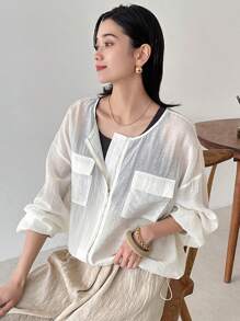 FRIFUL Women's White Loose Linen Blend Jacket, Round Neck Lightweight Long Sleeve Outerwear, Spring & Summer