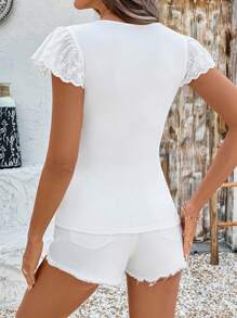 SHEIN Clasi Women's Summer V-Neck T-Shirt With Front Cutout & Cap Sleeves, Mix Of Plain Knit And Lace Fabrics, Fitted Silhouette, & Versatile