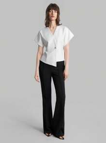 Ontre Women's Clothing New 2025 Spring Exclusive White V-Neck Solid Single-Button Casual Metal Buckle Color Block Short Sleeve Blouse, Elegant Ladies Apparel