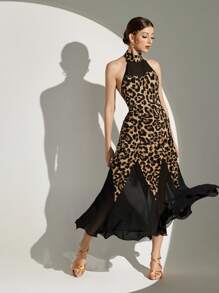 Dansine Latin Dancewear Leopard Print Sleeveless Long Chiffon Patchwork Backless Sexy Dancewear Dress For Women