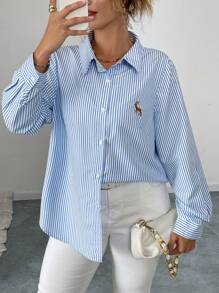 Elenzga Plus Size Women Embroidered Deer Blue & White Striped Casual Office Blouse Fall Cloth For Women - Blue - View 5