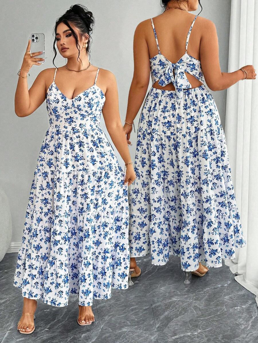 Elenzga Plus Size Elegant Ditsy Floral Lace-Up Backless Cami Dress - Blue and White - View 1