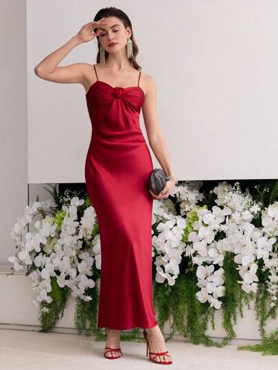 MOTF PREMIUM WOMEN'S 100% SILK STEREO FLORAL BIAS CUT SATIN DRESS, WEDDING EVENING DRESS