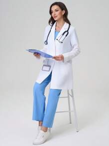 TaskEZ Uniforme de mujer colorido de primavera y verano, de estilo casual, multifuncional, con múltiples bolsillos, duradero y cómodo, adecuado para hospitales, clínicas y veterinarias. Bata de laboratorio/bata casual de cuello con solapa y manga larga de unicolor para mujer, uniforme de mujer para Pascua - Blanco - Ver 6