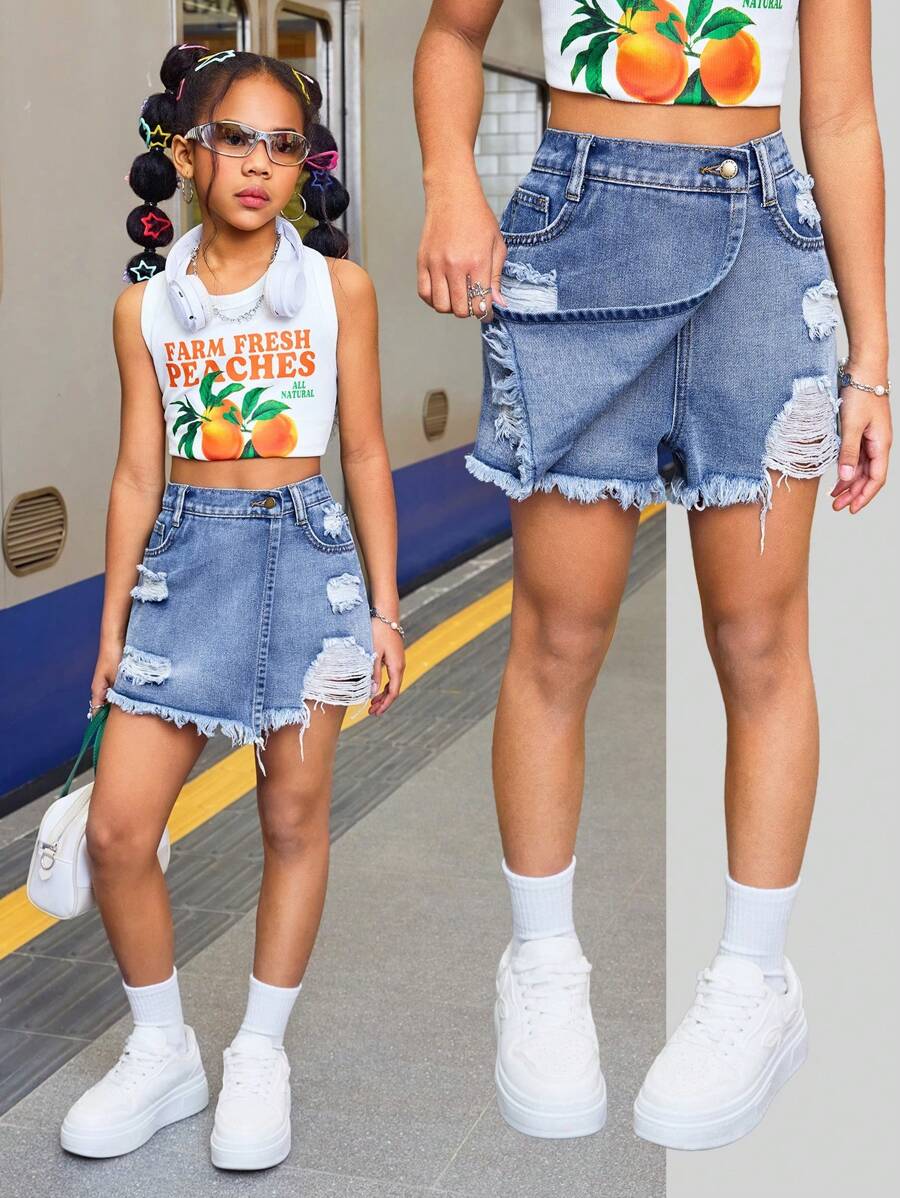 SHEIN Tween Girls' Spring And Summer Boho Ripped High Waist Wrap Front Denim Skort,Tween Girl Summer Break Outfits - Blue - View 1