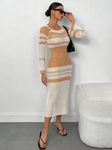 Vestido de punto calado con puños abombados de rayas de contraste - Albaricoque - Ver 5