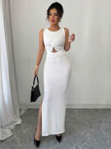 Elenzga Robe longue sans manches texturée et sexy avec fente latérale, printemps/été