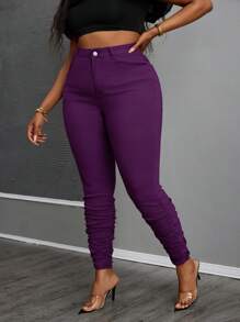 SHEIN Plus Size Women Purple Personalized Cuff Waist Elastic Skinny Pants Plus Size Pants Basic Style Summer Skinny Pants Casual Style