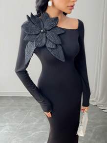 Modelyn Vestido de manga larga elegante de unicolor con aplicación floral y cuello asimétrico para mujer - Negro - Ver 2