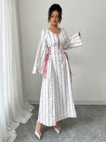 Yasmyna Vestido de verano modesto con estampado, de manga larga, cuello de volantes con lazo, estilo árabe, para mujer