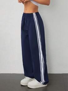 SHEIN PETITE Women's Fall Streetwear Basic Lightweight Woven Tape Contrast Stripe Elastic Waistband Comfy Athletic Navy Blue Wide Leg Mid Rise Straight Leg Pants With Side Stripes Baggy Joggers - Navy Blue - View 6