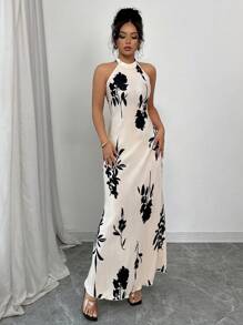 Chiquease Đầm cổ yếm in hoa thanh lịch cho nữ - Màu be - Xem 3