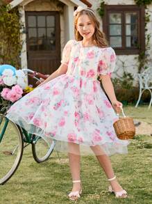 SHEIN Vestido de estilo dulce y estampado de moda para niñas - Multicolor - Ver 4