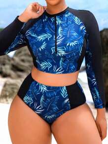 Swim SPRTY Plus Size Women 2Pcs Swimwear Black Random Tropical Print Front Zipper Long Sleeve Sports Tankini Set, For Summer Beach Vacation - Multicolor - View 5