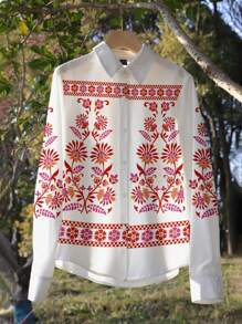 Comfortcana Vintage Floral Pattern Women's Wrinkle-Resistant Soft Satin Blouse, Suitable For Spring And Summer - White - View 6