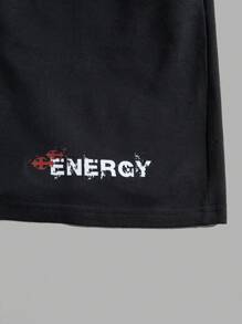 RueChic Men Cottonline Letter Printed Drawstring Regular Short - Black - View 5