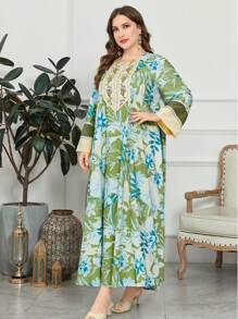 Al Najma Plus Size Long Sleeve Printed Ribbon Trim Arabian Dress - Multicolor - View 3