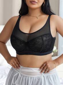 1pc Plus Size Women Lace Spliced Mesh Padded Lingerie Brassiere - Black - View 5