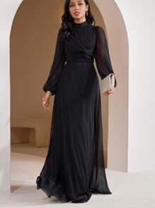 Veilorie Vestido elegante de estilo árabe modestos para mujer, de unicolor, con cuello de pie y cintura torcida - Negro - Ver 5