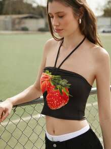 SHEIN EZwear Halterneck Top Ball Game Top Strawberry Print - Black - View 4