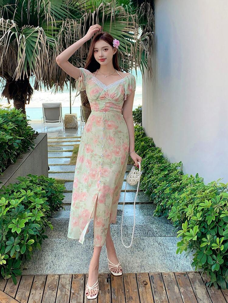 Holiday Beach Boho Style Floral Print Lace Patchwork Halter Off-Shoulder Mid-Length Chiffon Dress For Women Sundress Maxi Dress