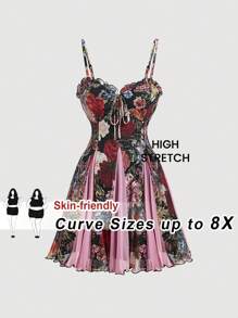 SHEIN CURVE+ 大码复古优雅宫廷花卉印花不对称下摆无袖连衣裙，适合夏季、海滩度假、度假 - 彩色 - 查看 1