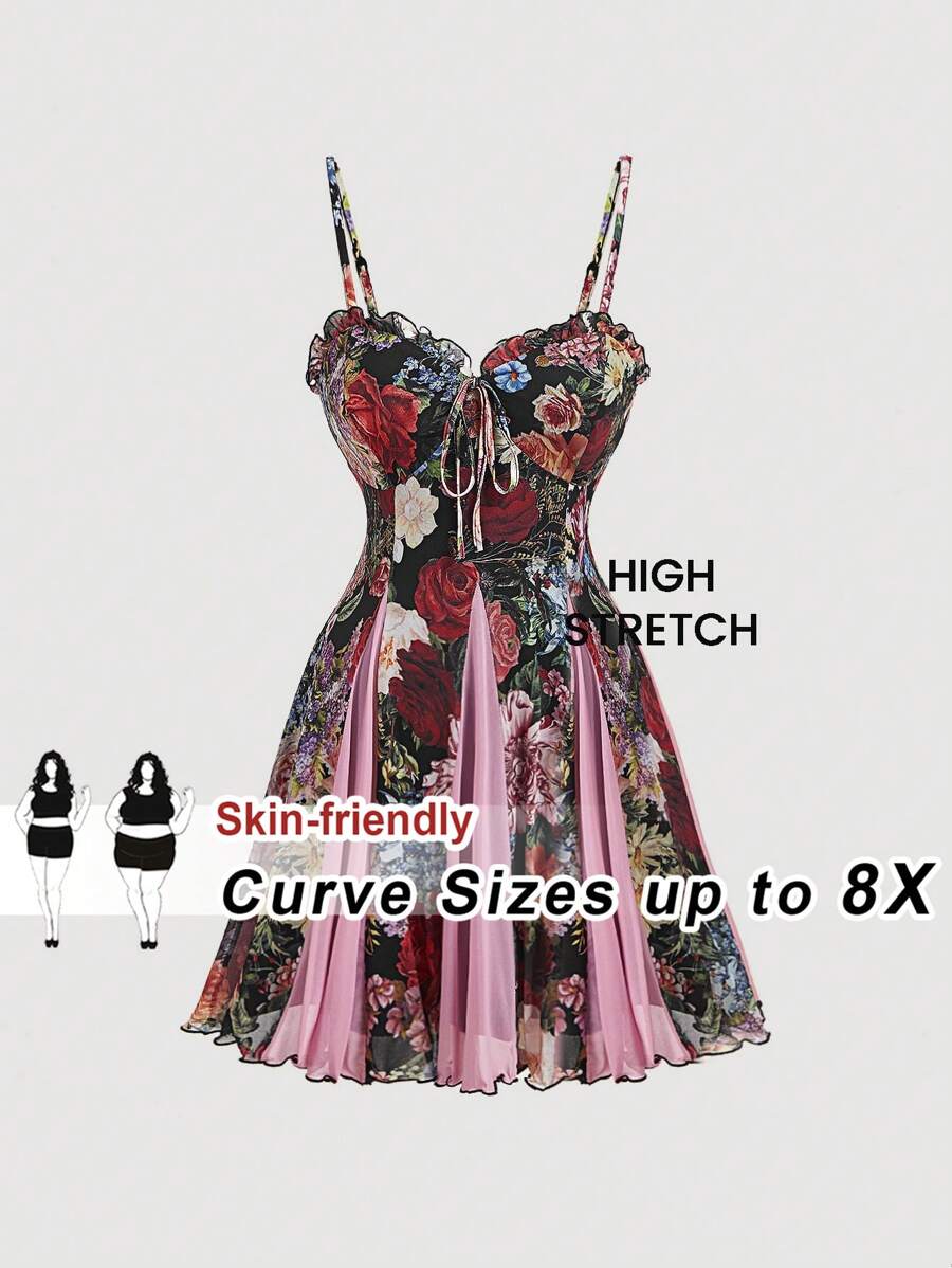 SHEIN CURVE+ 大码复古优雅宫廷花卉印花不对称下摆无袖连衣裙，适合夏季、海滩度假、度假 - 彩色 - 查看 1