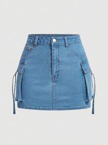 SHEIN Tall Y2K 风格口袋松紧腰修身牛仔短裙，性感女款 - 藍色 - 查看 1