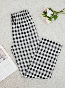 RueChic Women High Quality Soft Touch Viscose Plaid Pattern Lounge Bottom - Black and White - View 1
