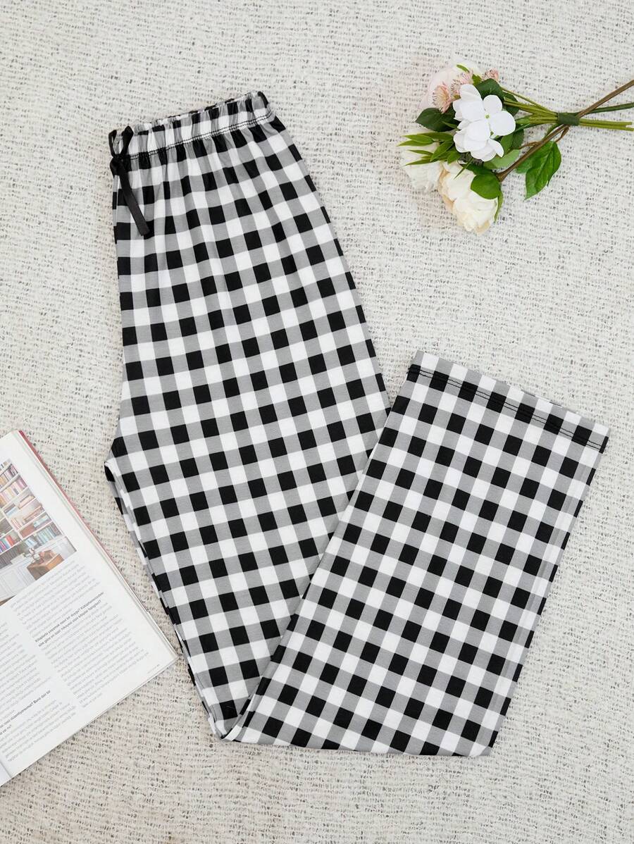 RueChic Women High Quality Soft Touch Viscose Plaid Pattern Lounge Bottom - Black and White - View 1