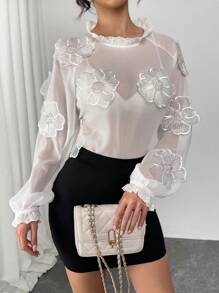 Elegant 3D Floral Decor See-Through Long Sleeve Blouse Fall Cloth For Women - White - View 4