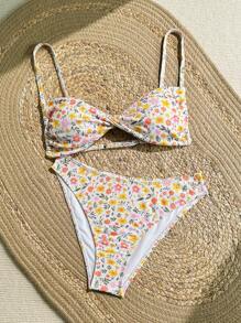 SHEIN Teen Girls Floral Swimwear Set - Cute, Beach, Seaside / Back-To-School Outfit, Cute Holiday Family Outdoor Spring Picnic Everyday Wear, Suitable For Various Occasions
