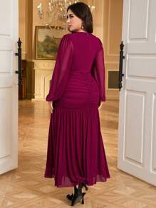 Modelyn Plus Size Solid Color Long Sleeve Hollow Pleated Simplistic Casual Dress - Hot Pink - View 3