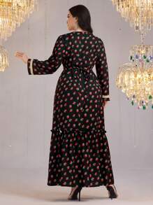 Al Najma Plus Size Women Floral Print Patchwork Ribbon V-Neck Long Sleeve Dress - Multicolor - View 2