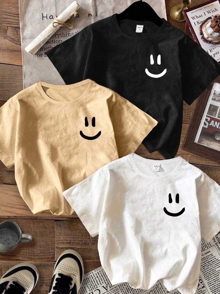 SHEIN 3pcs Young Boy Casual Simple Smiling Face Pattern Round Neck Short Sleeve T-Shirts, Suitable For Summer