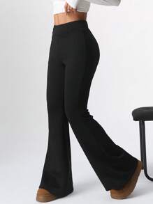 SHEIN Tall CURVE 大码纯色喇叭裤，带保暖内衬，休闲，秋冬 - 黑色 - 查看 4