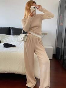 DAZY Set de 2 piezas Conjunto de ropa deportiva casual para mujer con camiseta de manga larga y pantalones a juego en color contrastante, para primavera/verano y otoño. Conjunto de chándal y ropa de estar en casa para mujer.