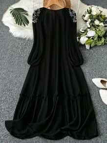 Mulvari Đầm thường ngày dài tay màu trơn cỡ lớn, thời trang tối giản để mặc hàng ngày - màu đen - Xem 2