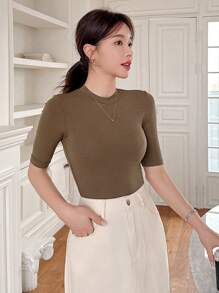 DAZY Áo thun tay ngắn màu trơn dành cho nữ, thời trang tối giản, thoải mái để mặc hàng ngày - màu nâu - Xem 3