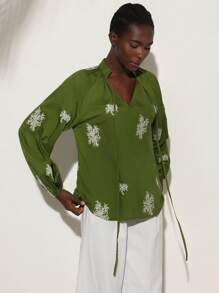 Aveloria Modichic Green Loose Bohemian High-End Contrast Color Jacquard Lightweight Shirt, With Tie Neckline And Elastic Cuffs, Long Sleeve Women's - Multicolor - View 5