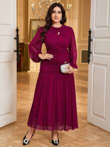 Modelyn Plus Size Solid Color Long Sleeve Hollow Pleated Simplistic Casual Dress - Hot Pink - View 1