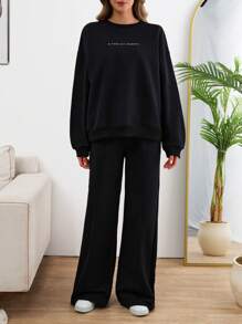 SHEIN Tall SLEEVE CUT DETAIL SLOGANED SWEATSHIRT AND WIDE LEG PANTS - Black - View 5
