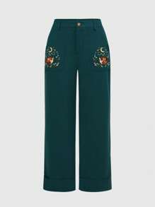 ROMWE Fairycore 女士 Fox Cottagecore 刺绣亚麻长裤 - 墨綠色 - 查看 1